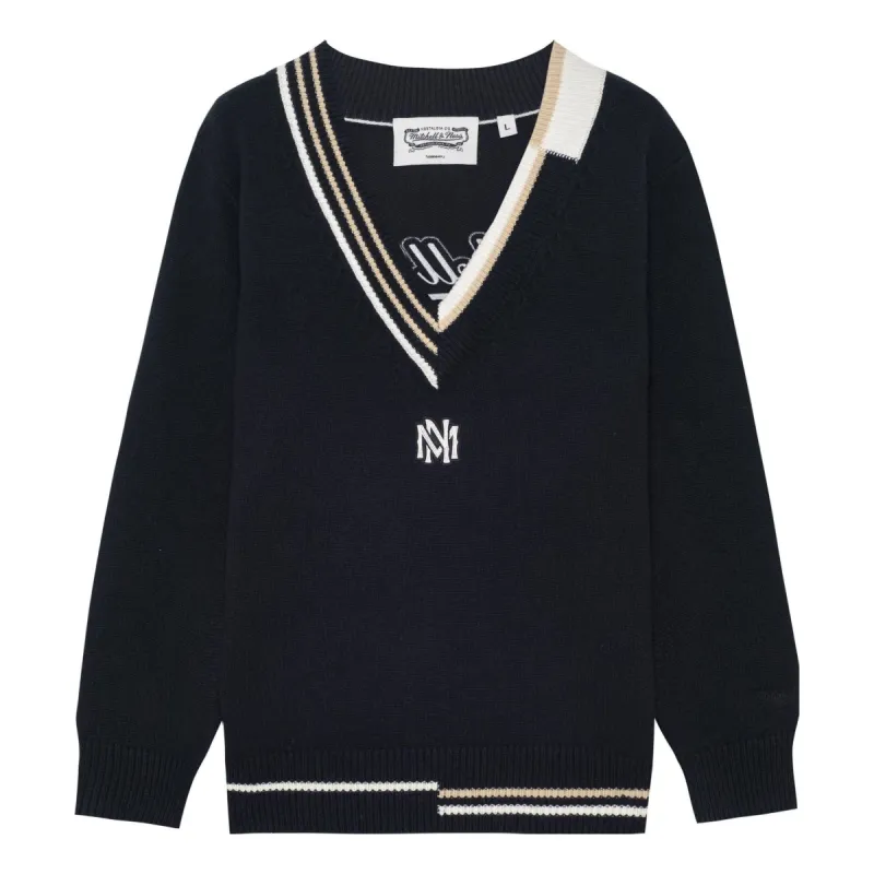 Mitchell & Ness Branded Contrasting V-Neck Sweater 'Black' MNHLAWTOKJ011-BLK sold by KicksCrew