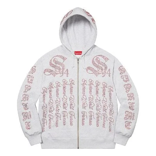 Supreme Rhinestone Zip Up Hooded Sweatshirt 'Grey Red' SUP-SS22-117 sold by KicksCrew