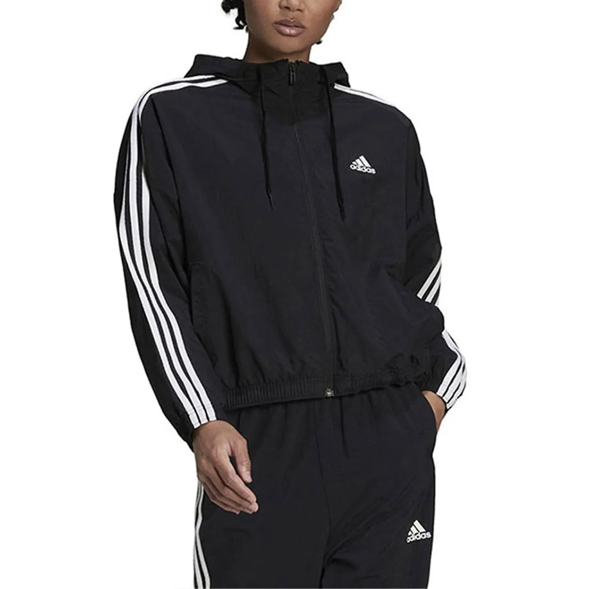 (WMNS) adidas Essentials Repeat Logo Loose-Fit Windbreaker 'Black White' HC9160 sold by KicksCrew product image thumbnail 2