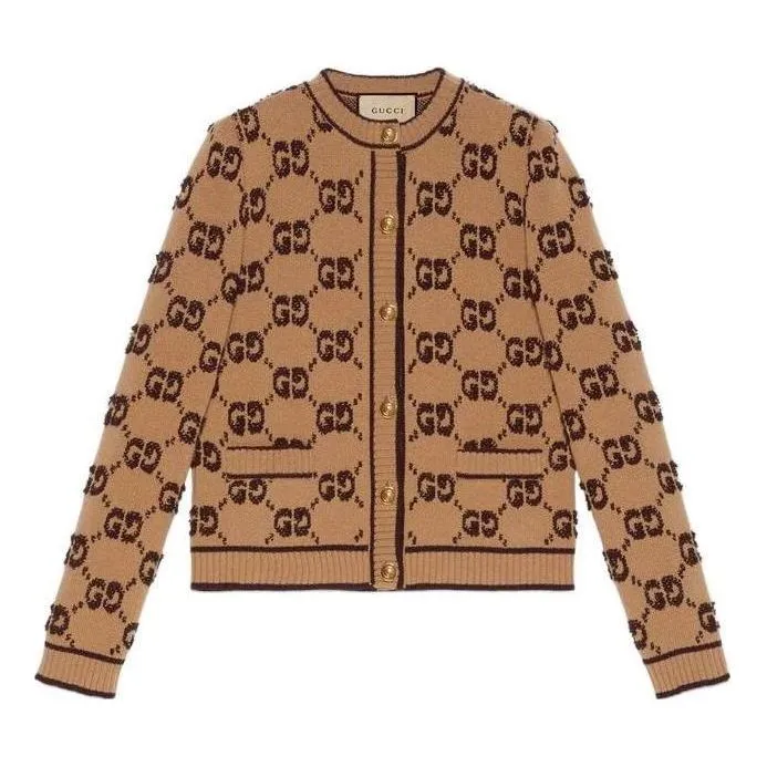 (WMNS) Gucci GG Wool Boucle Jacquard Cardigan 'Camel Brown' 713300-XKCNA-2668 sold by KicksCrew