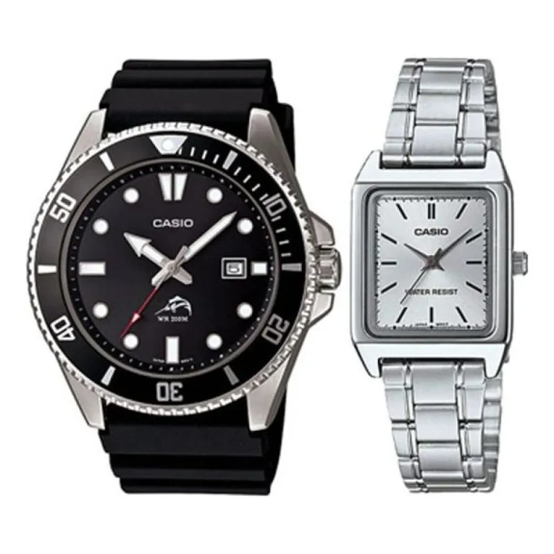 CASIO Couple Waterproof Sports Stainless Steel Strap Black/Silver Analog MDV106-1A&LTP-V007D-7EUDF sold by KicksCrew