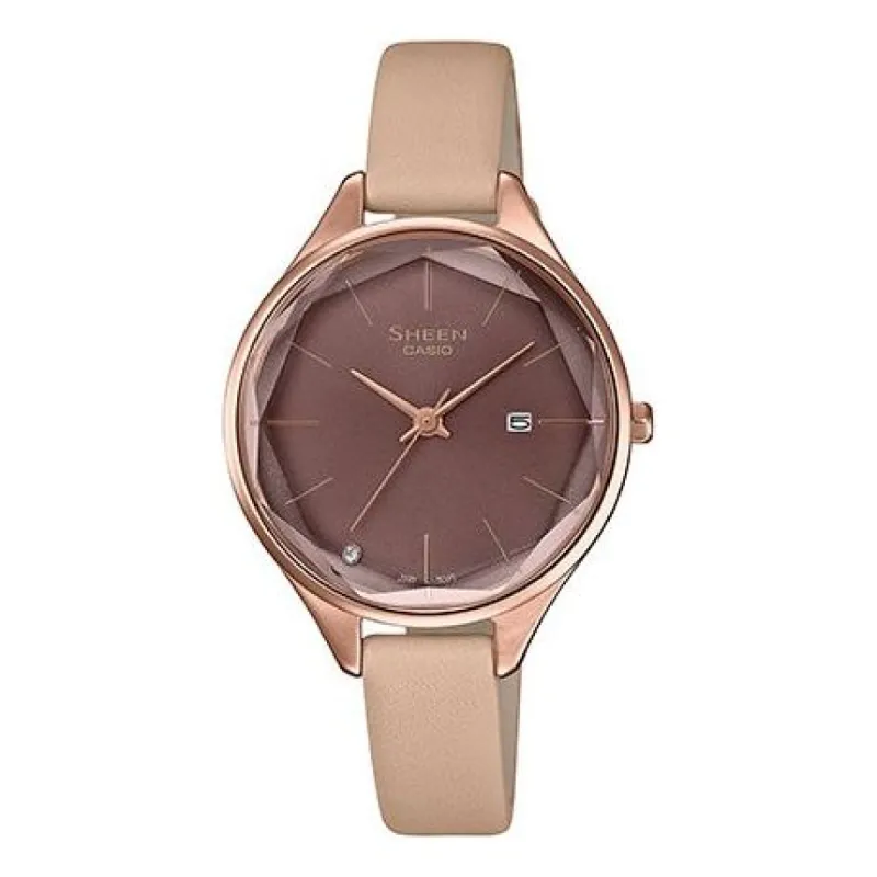 CASIO SHEEN Series Minimalistic 3D Rhombus 3D Small Dial Business Date Display Brown Watch Analog SHE-4062PGL-5AUPR sold by KicksCrew