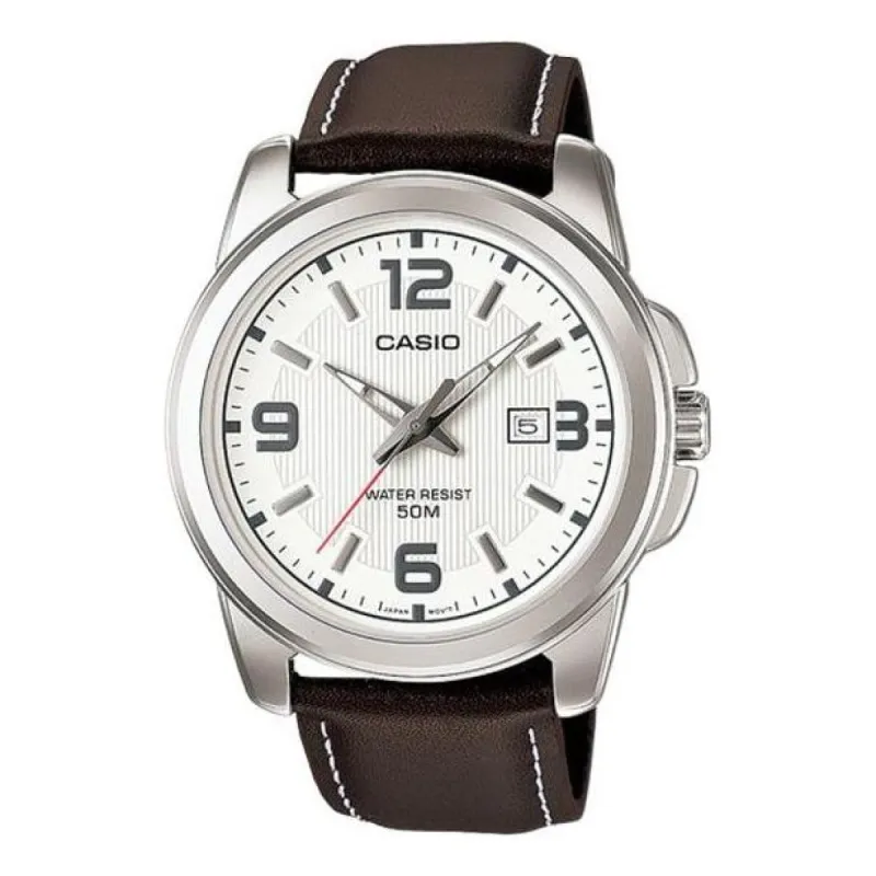 Men's CASIO Silver Waterproof Sports Quartz Leather Strap Date Display Watch Mens Analog MTP-1314L-7A sold by KicksCrew