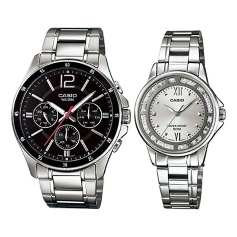 CASIO ENTICER SERIES Series Couple Quartz Waterproof Black/Silver Analog MTP-1374D-1A&LTP-1391D-7AVDF sold by KicksCrew