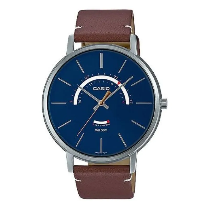 Men's CASIO Dress Series Waterproof Quartz Blue Dial 43mm Brown Leather Strap Watch Mens Analog MTP-B105L-2AV sold by KicksCrew