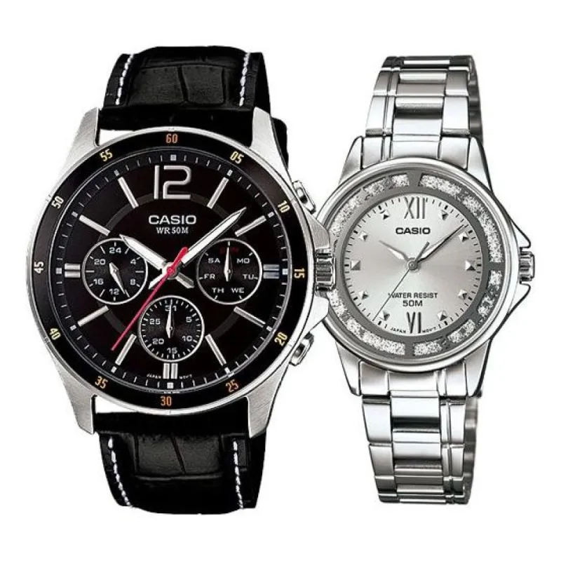 CASIO General DRESS Japan / South Korea Fashion Couple Black/Silver Analog MTP-1374L-1A&LTP-1391D-7AVDF sold by KicksCrew