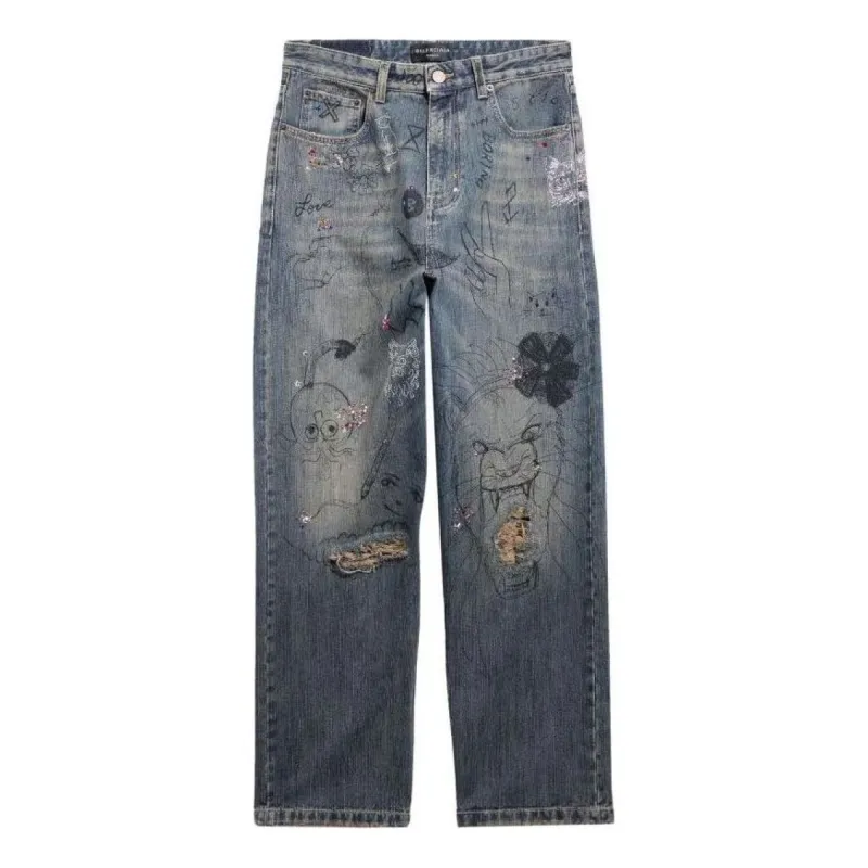 Balenciaga Doodle-Print Straight Denim Pants 'Blue' 746986TOW664036 sold by KicksCrew