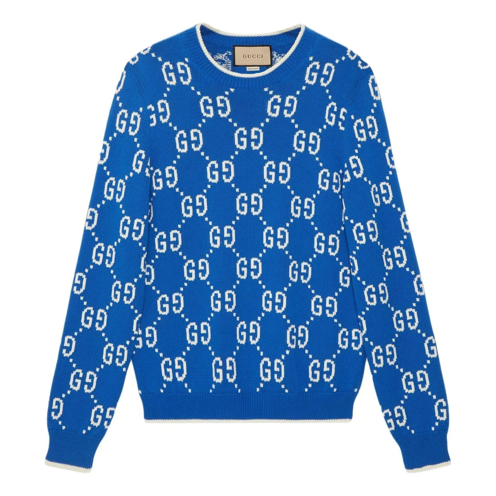 Gucci Jumbo GG Jacquard Crew Neck Sweater 'Blue Ivory' 694767-XKCDF-4559 sold by KicksCrew