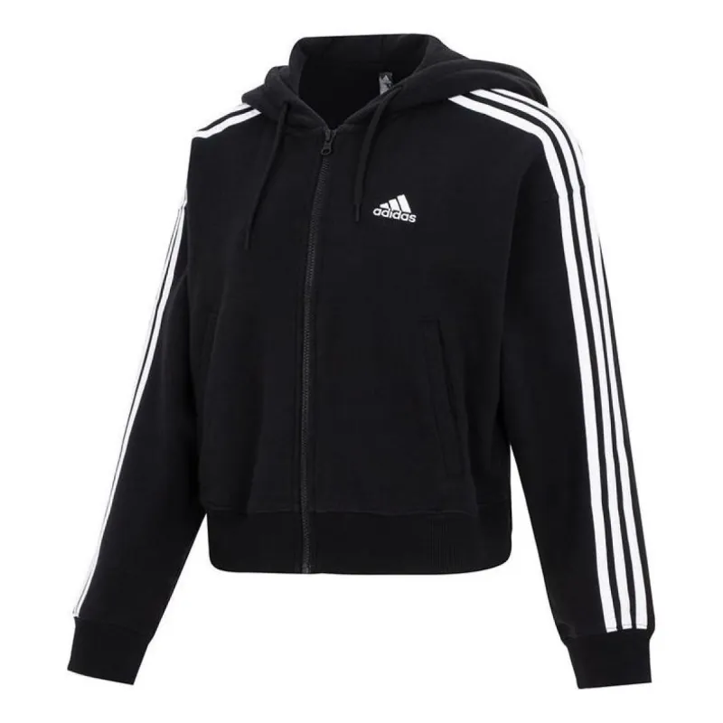 (WMNS) Adidas Essentials 3-Stripes French Terry Bomber Full-Zip Hoodie Jackets 'Black White' IC8781 sold by KicksCrew