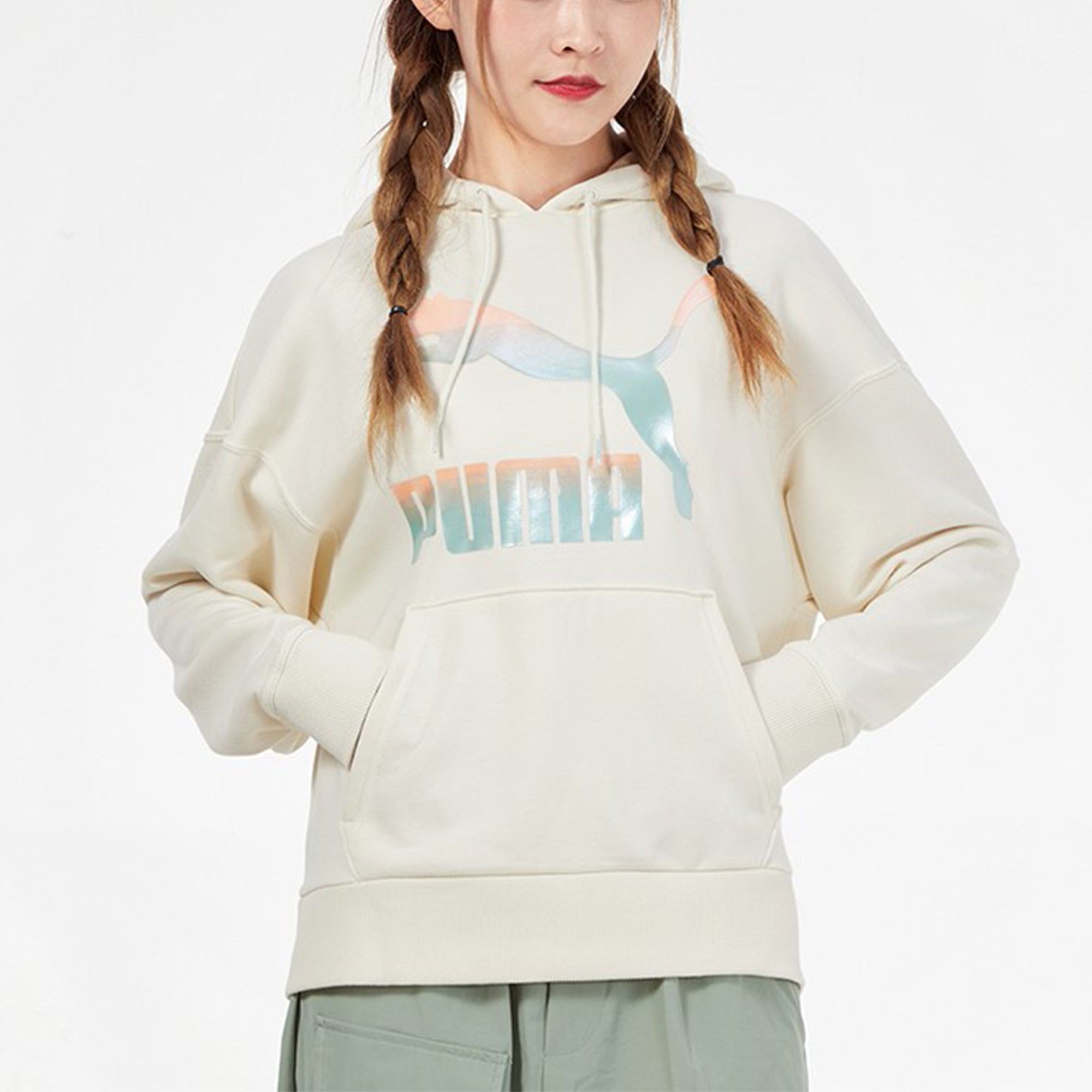 (WMNS) Puma Classics Logo Hoodie 'Beige Pink Blue' 531385-88 sold by KicksCrew product image thumbnail 3