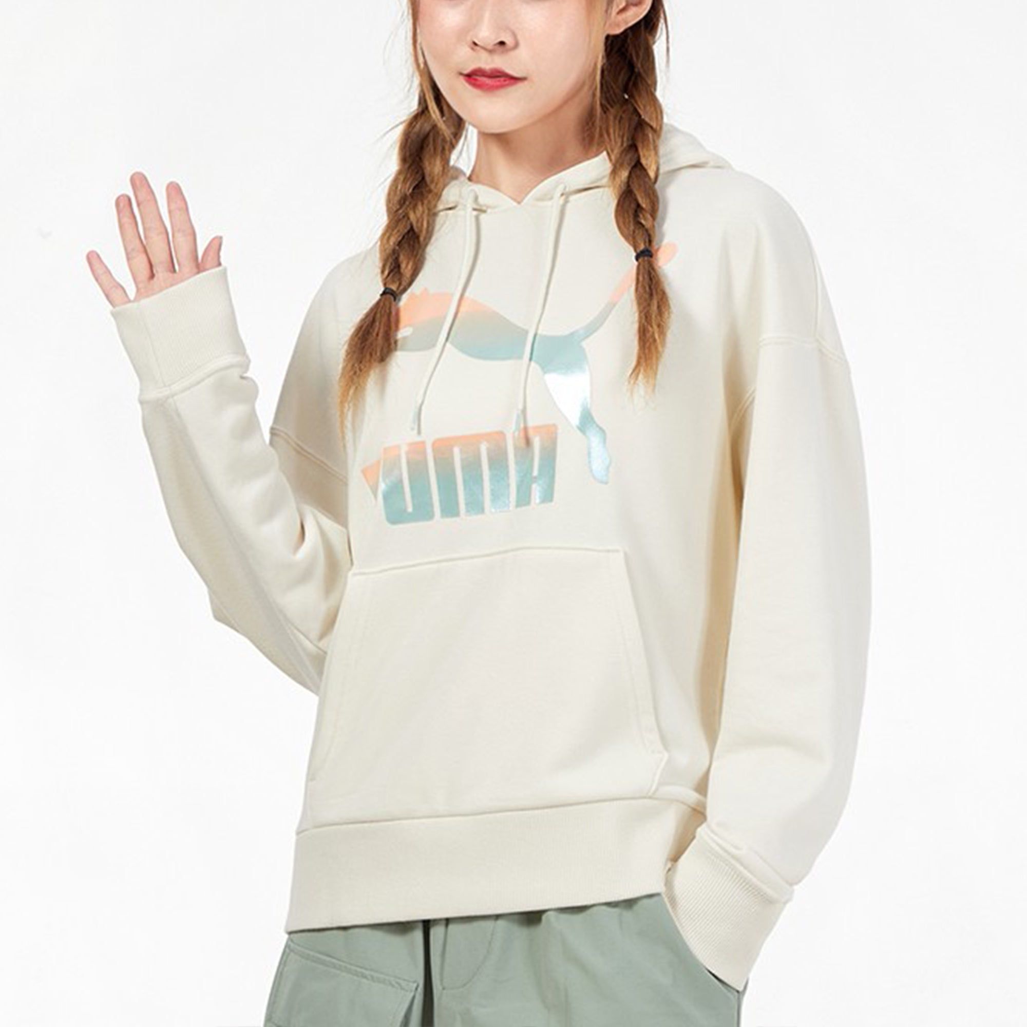 (WMNS) Puma Classics Logo Hoodie 'Beige Pink Blue' 531385-88 sold by KicksCrew product image thumbnail 5