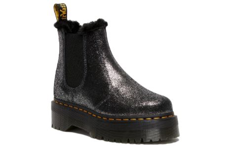 (WMNS) Dr. Martens 2976 Faux Fur-Lined Metallic Platform Chelsea Boots 'Black' 27956012 sold by KicksCrew