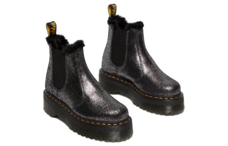 (WMNS) Dr. Martens 2976 Faux Fur-Lined Metallic Platform Chelsea Boots 'Black' 27956012 sold by KicksCrew