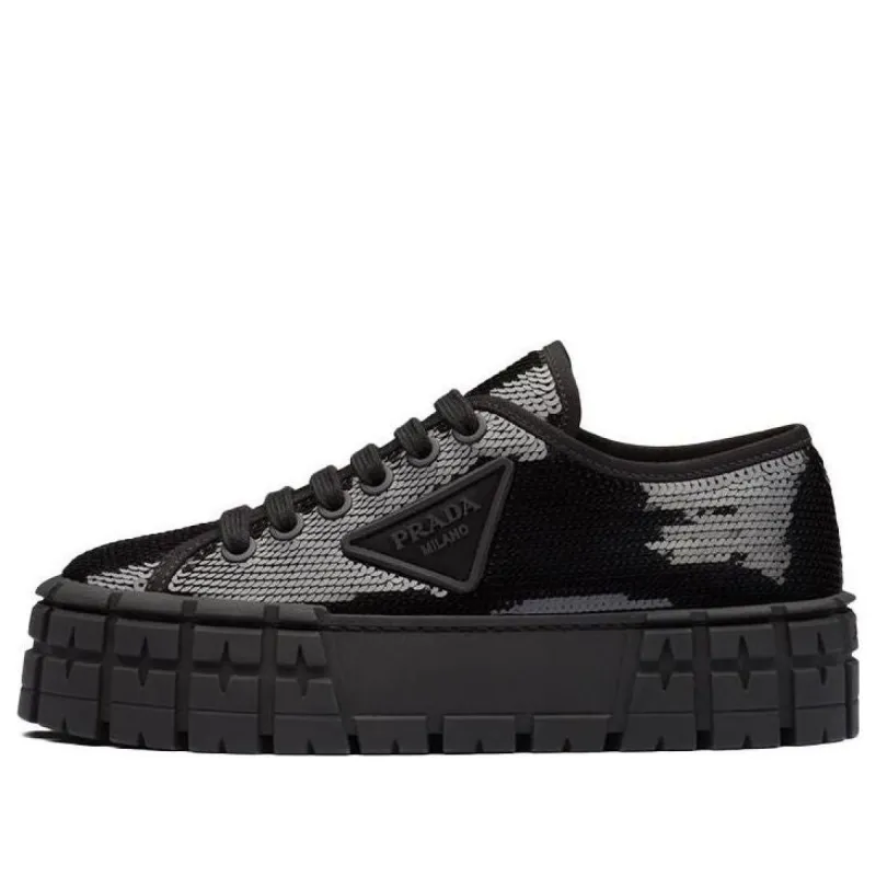 (WMNS) PRADA Double wheel sequin sneakers 'Black' 1E787M_959_F0002_F_050 sold by KicksCrew