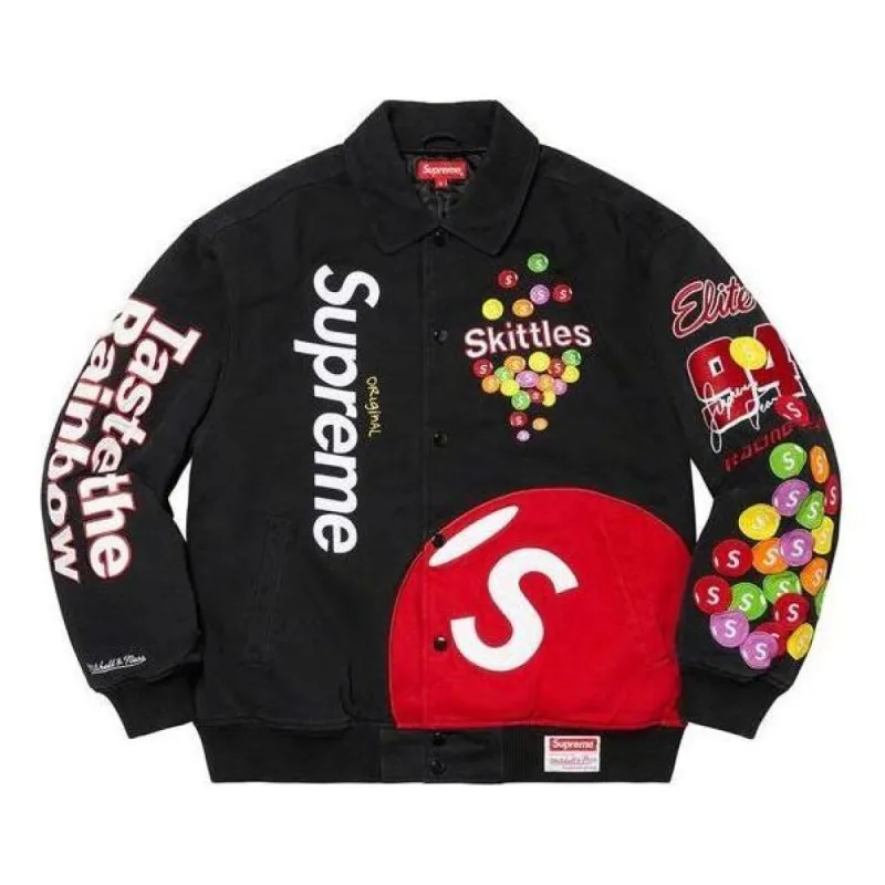 Supreme x Skittles x Mitchell & Ness Varsity Jacket 'Black Multi-Color' SUP-FW21-328 sold by KicksCrew