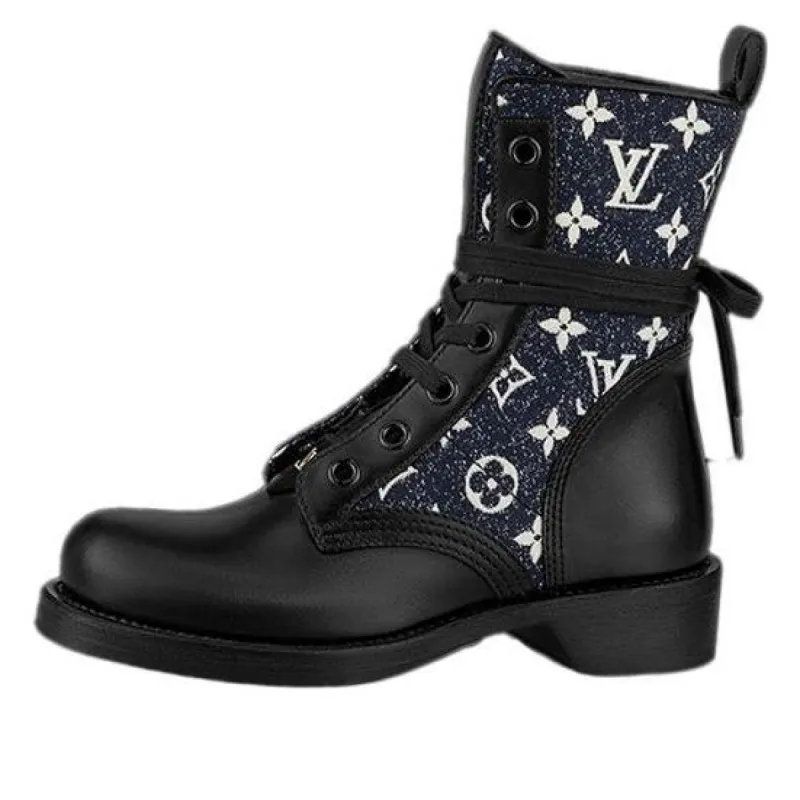 (WMNS) LOUIS VUITTON LV Metropolis Flat Ranger Boots 'Black with Denim Monogram' 1A9RPZ sold by KicksCrew