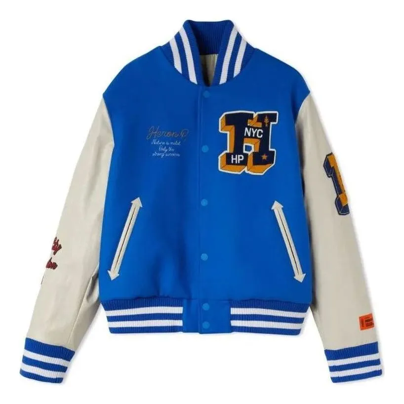 HERON PRESTON Heron Patches Varsity Jacket 'Blue White' HMEA087F22FAB0014519 sold by KicksCrew