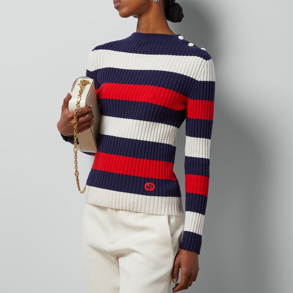 (WMNS) Gucci Striped Rib Stitch Wool Top 'Ivory Blue Red' 772969-XKDQF-9330 sold by KicksCrew product image thumbnail 4