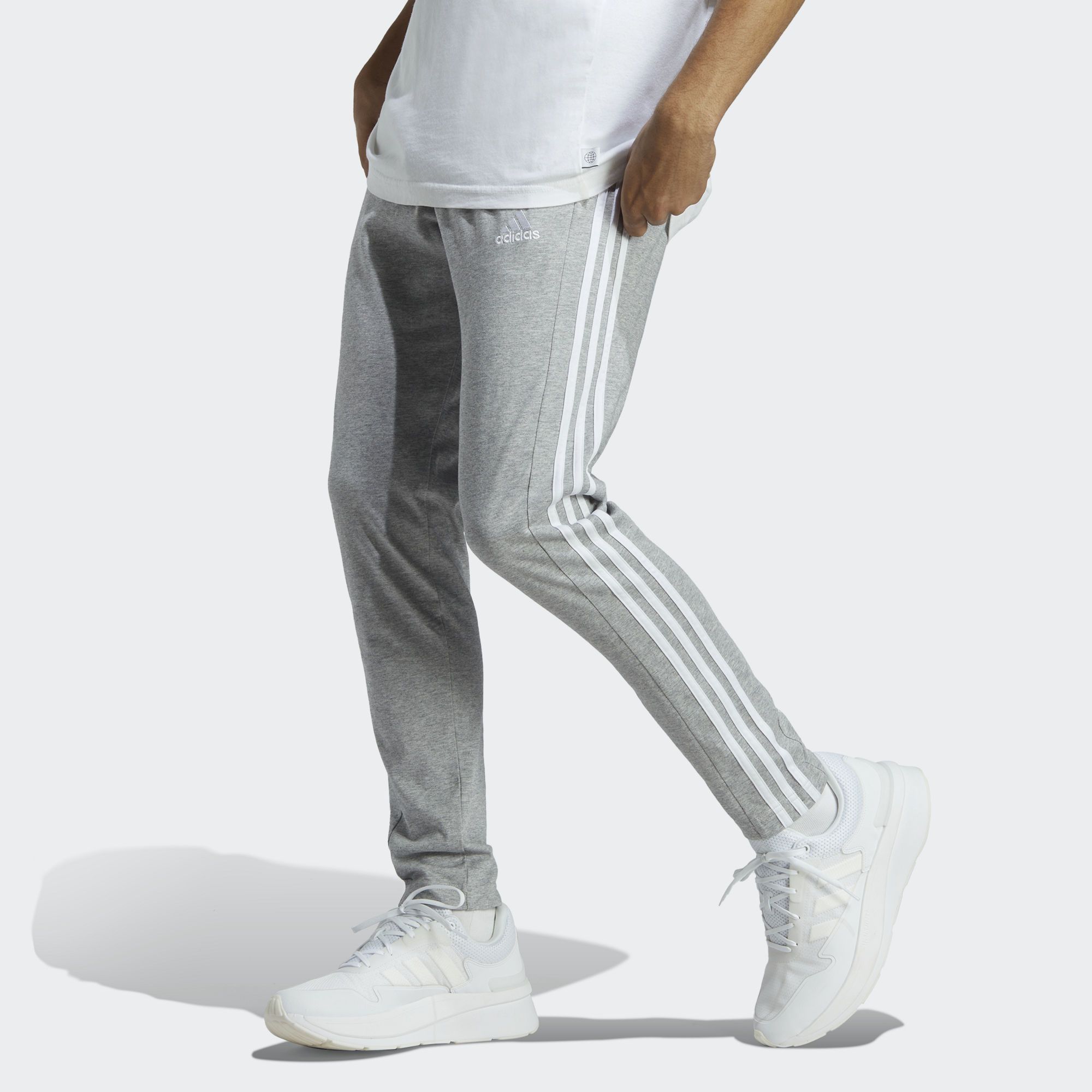 Adidas Essentials Single Jersey Tapered Open Hem 3-Stripes Pants 'Grey' IC0046 sold by KicksCrew product image thumbnail 2