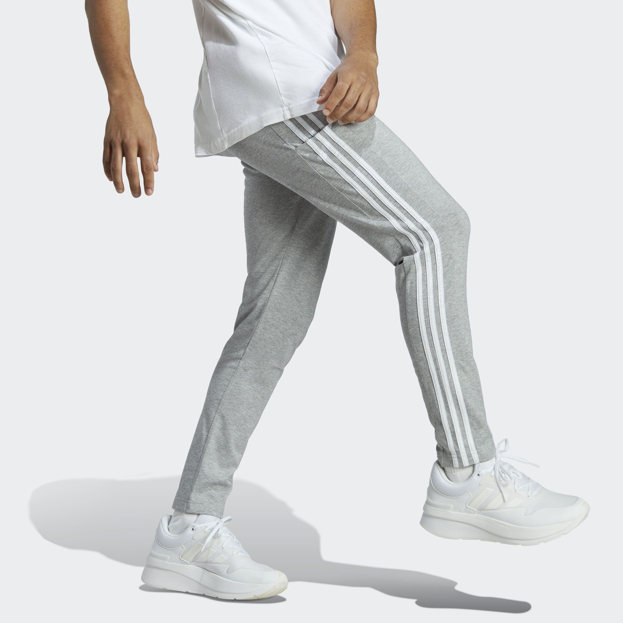 Adidas Essentials Single Jersey Tapered Open Hem 3-Stripes Pants 'Grey' IC0046 sold by KicksCrew product image thumbnail 4
