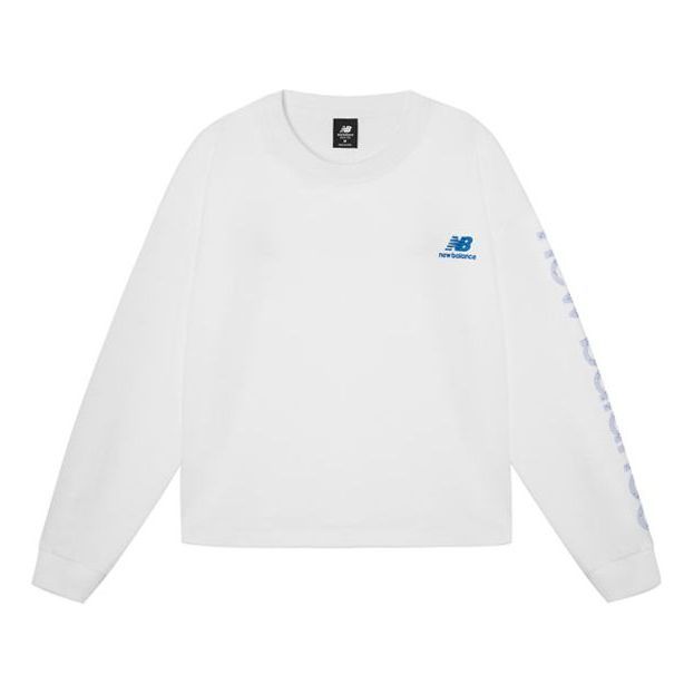 (WMNS) New Balance Letters Print Sleeve Sweatshirt 'White Blue' AWT11385-WT sold by KicksCrew