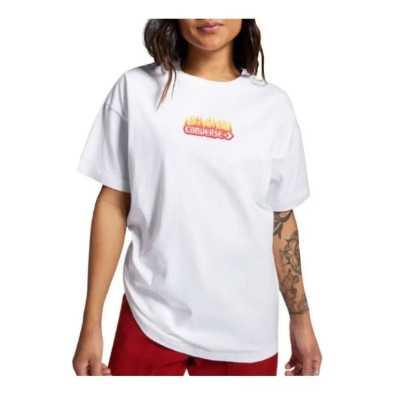 (WMNS) Converse Flaming Logo Oversized T-Shirt 'White Red' 10026466-A01 sold by KicksCrew