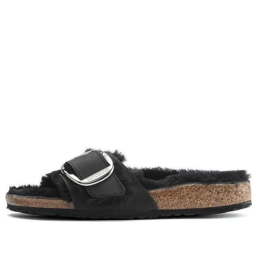 (WMNS) Birkenstock Madrid Big Buckle Shearling Oiled Leather Narrow Fit Sandals 'Black' 1020136 sold by KicksCrew
