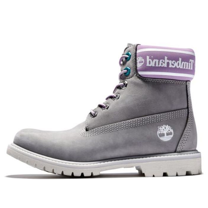 (WMNS) Timberland Premium 6 Inch Waterproof Boots 'Grey Nubuck with Purple Logo Collar' A41D6D52 sold by KicksCrew