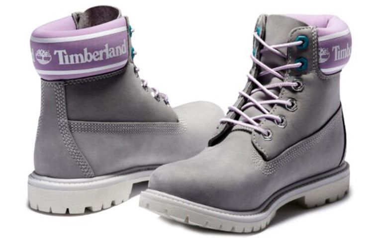 (WMNS) Timberland Premium 6 Inch Waterproof Boots 'Grey Nubuck with Purple Logo Collar' A41D6D52 sold by KicksCrew product image thumbnail 3