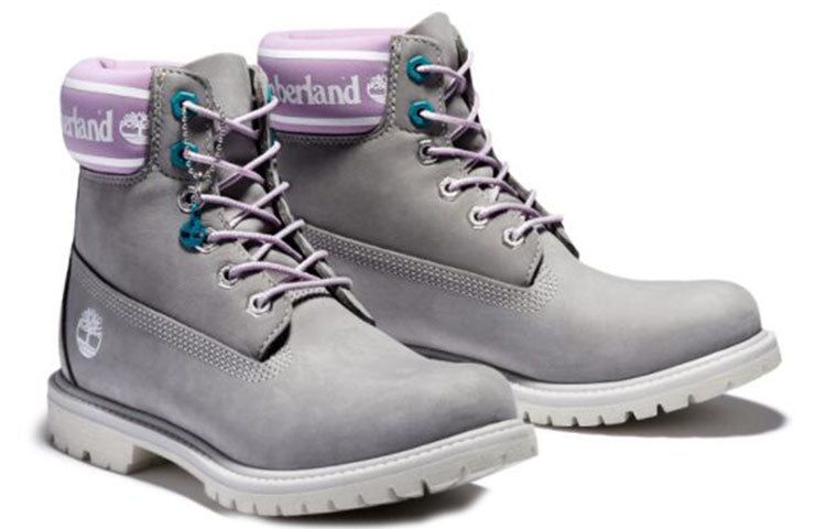 (WMNS) Timberland Premium 6 Inch Waterproof Boots 'Grey Nubuck with Purple Logo Collar' A41D6D52 sold by KicksCrew product image thumbnail 2