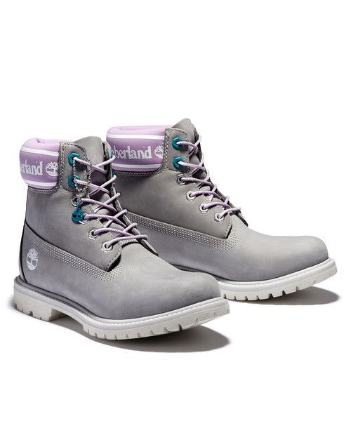 (WMNS) Timberland Premium 6 Inch Waterproof Boots 'Grey Nubuck with Purple Logo Collar' A41D6D52 sold by KicksCrew product image thumbnail 4