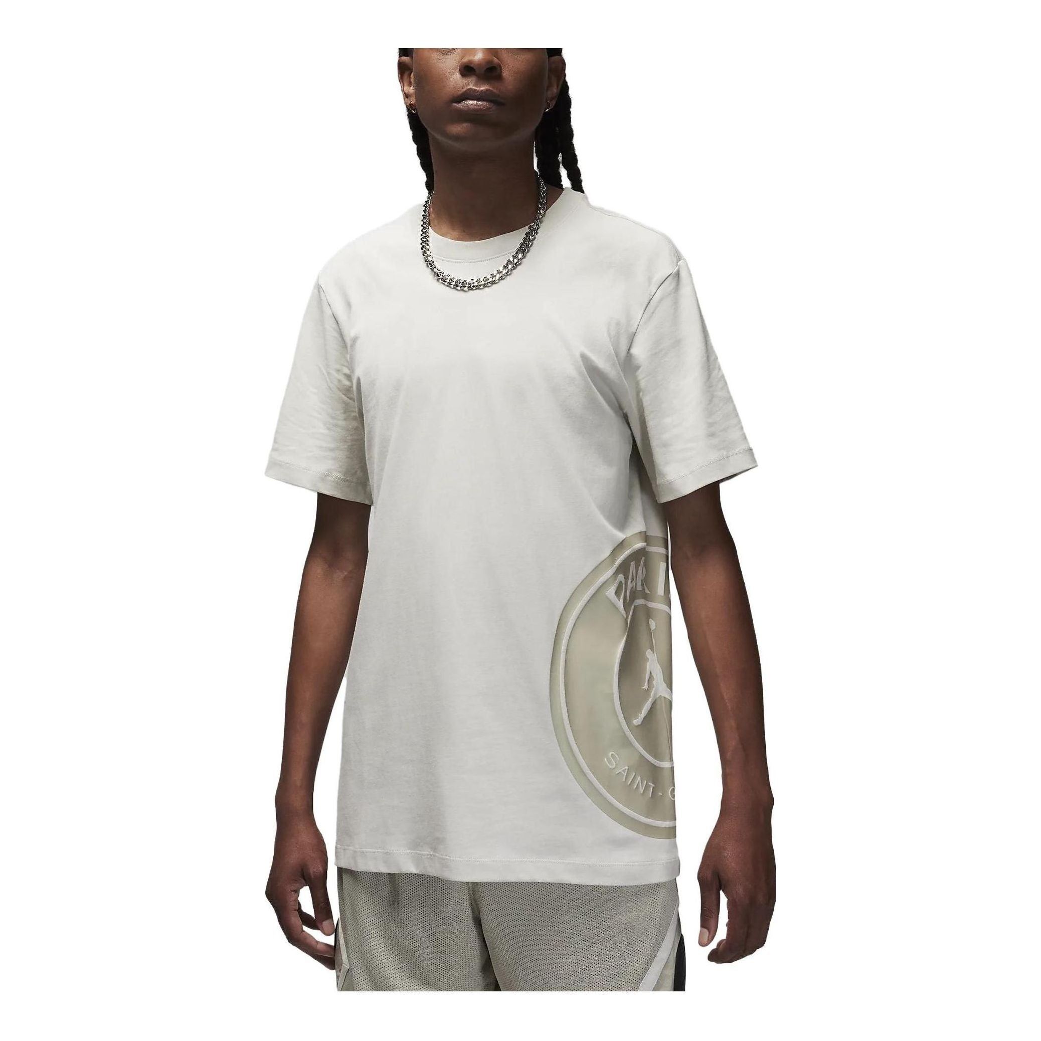 Air Jordan x Paris Saint-Germain Logo T-Shirt 'Light Bone' DZ2917-072 sold by KicksCrew