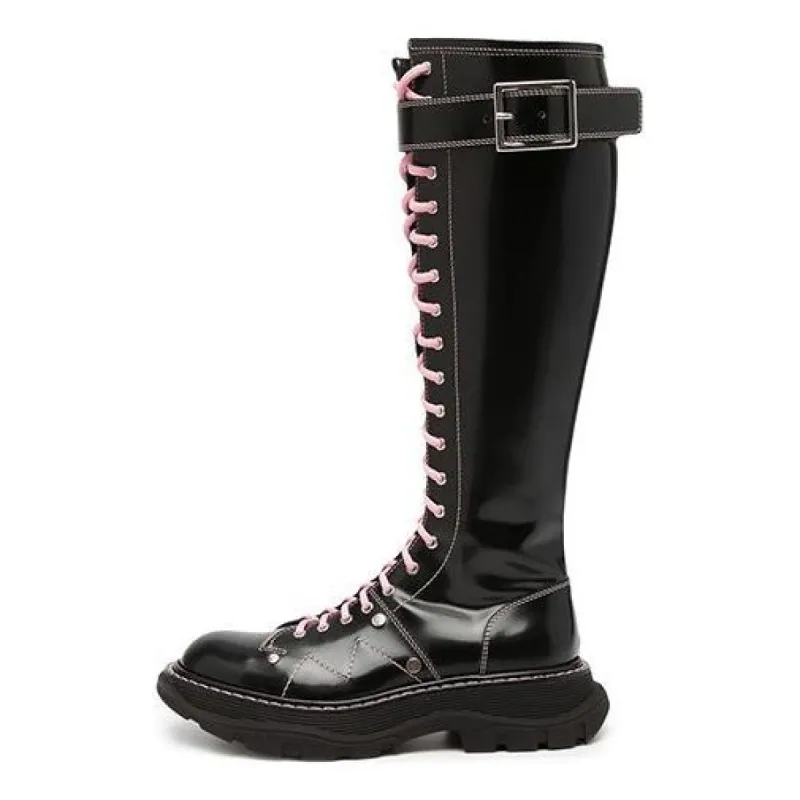 (WMNS) Alexander McQueen Tread Lace Up Boots 'Black Pink Lace' 595466WHZ881336 sold by KicksCrew