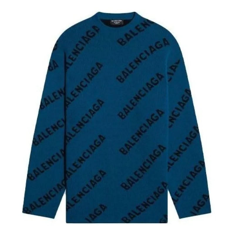 Balenciaga All Over Logo Crewneck Wool Knit Sweater 'Petrol Blue' 657400T15672470 made by Balenciaga