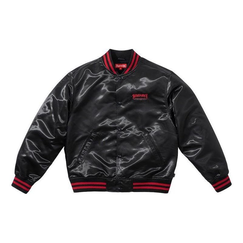 Supreme x Thrasher Satin Varsity Jacket 'Black Red' SUP-FW21-211 sold by KicksCrew