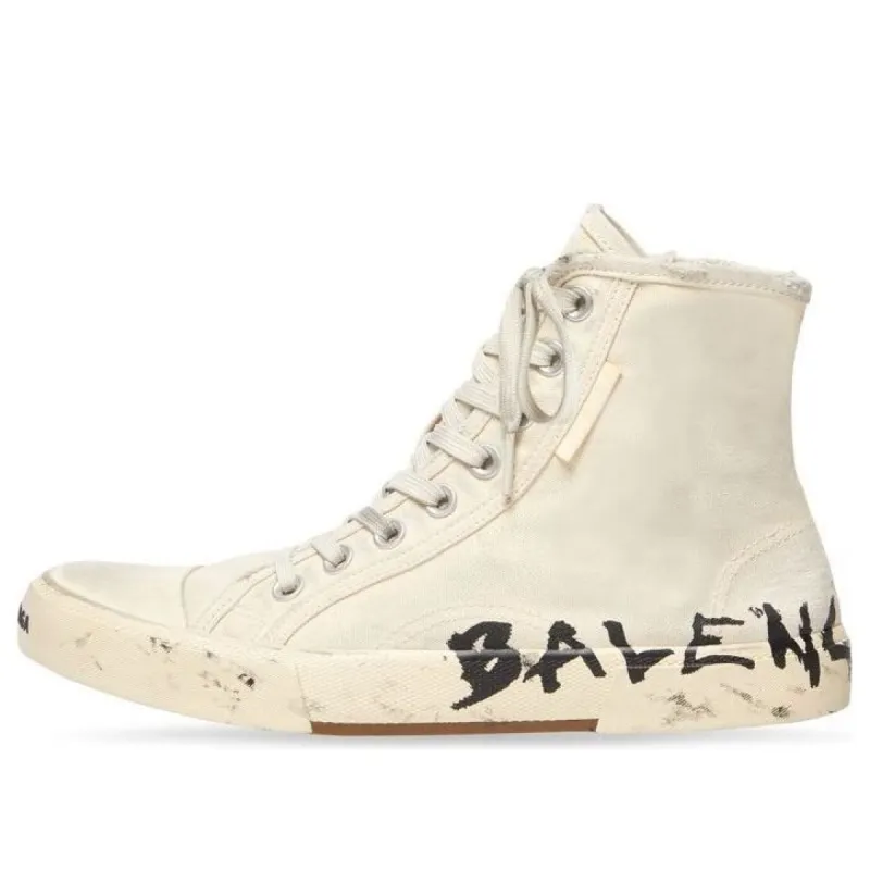 Balenciaga Paris High Top Sneakers 'White Destroyed Cotton and White Rubber with Graffiti' 688752W3RR49010 sold by KicksCrew