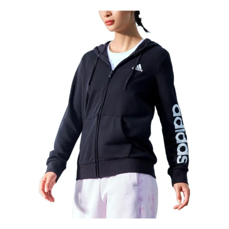 (WMNS) adidas Essentials Logo Full-Zip Hoodie Asia Sizing 'Black White' GL0791 sold by KicksCrew