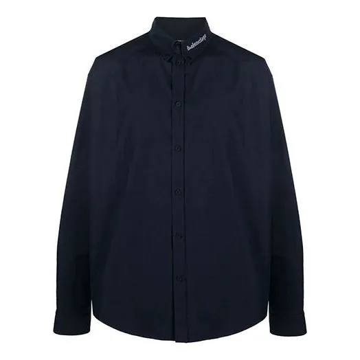 Balenciaga Logo Collar Long Sleeve Button Down Shirt 'Navy' 671586TYB184100 sold by KicksCrew
