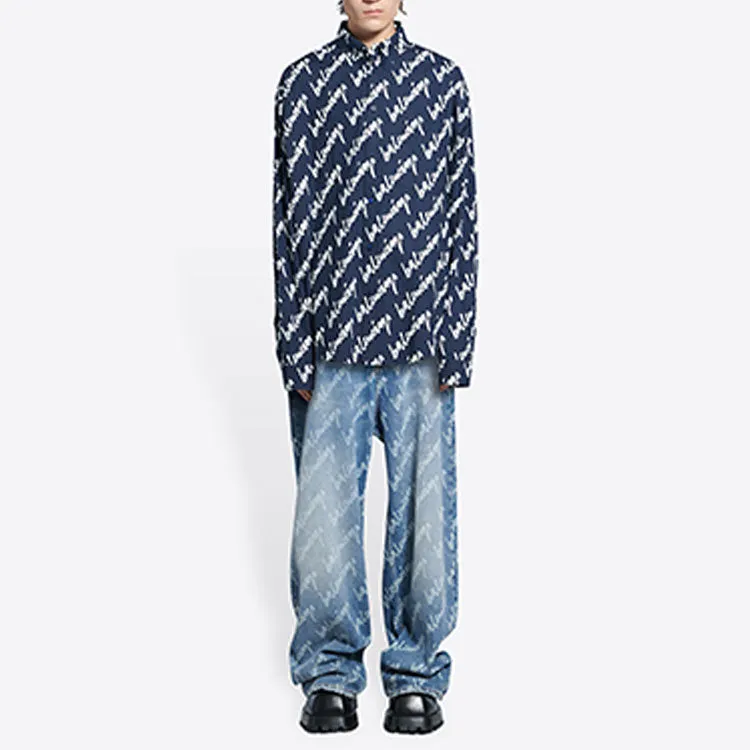 Balenciaga Scribble Logo Short Sleeve Shirt Large Fit 'Midnight Blue' 662983TLLJ48502 sold by KicksCrew product image thumbnail 3