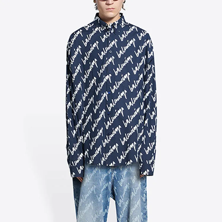 Balenciaga Scribble Logo Short Sleeve Shirt Large Fit 'Midnight Blue' 662983TLLJ48502 sold by KicksCrew product image thumbnail 4