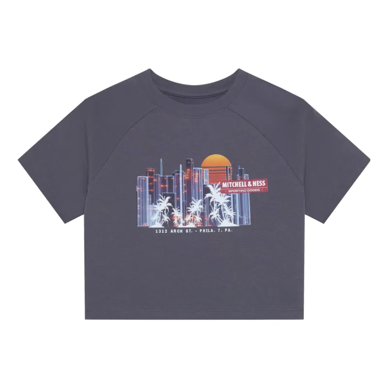 (WMNS) Mitchell & Ness x NBA Phila City View Short Board T-shirt 'Grey' MNJYSST23019-GRAY sold by KicksCrew