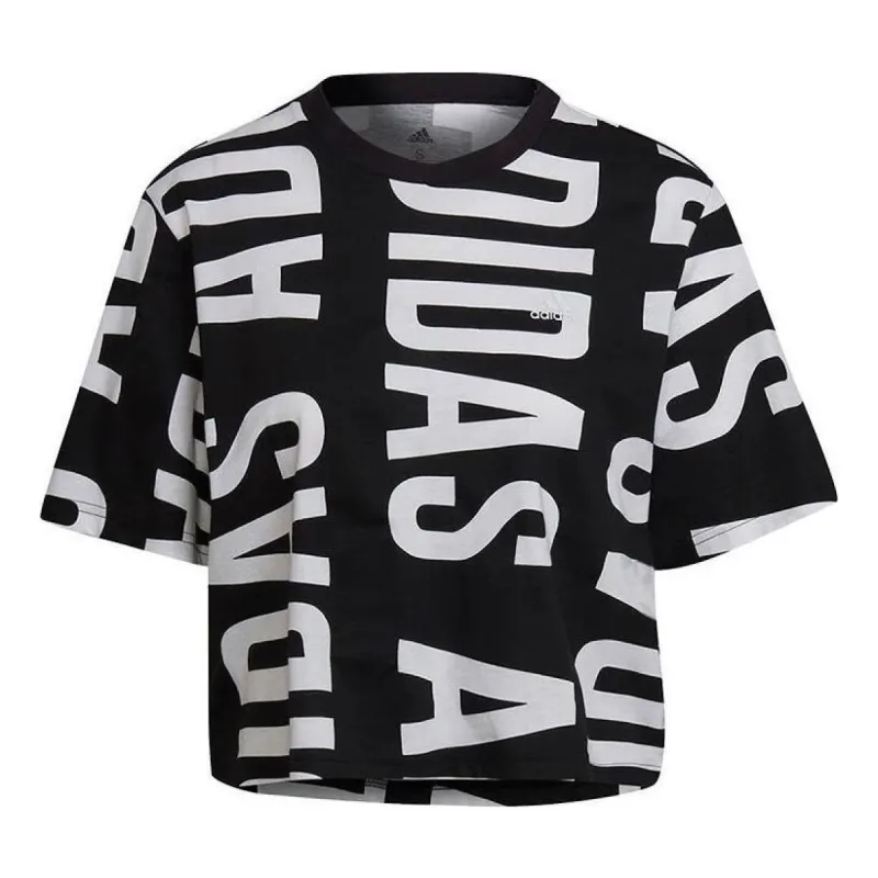 (WMNS) Adidas Essentials Oversized Allover Print Cropped T-Shirt 'Black White' HC9161 sold by KicksCrew