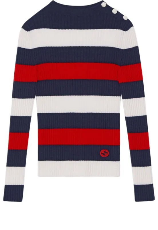 (WMNS) Gucci Striped Rib Stitch Wool Top 'Ivory Blue Red' 772969-XKDQF-9330 sold by KicksCrew