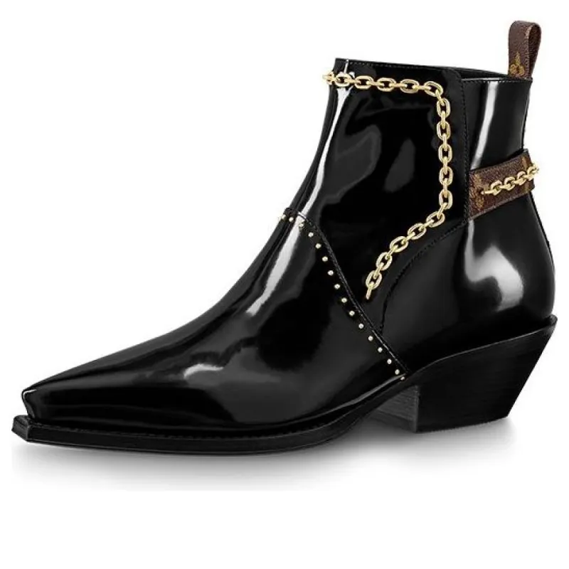 (WMNS) LOUIS VUITTON Matador Ankle Boots 'Black with Gold Chain and Monogram Straps' 1A8D0C sold by KicksCrew