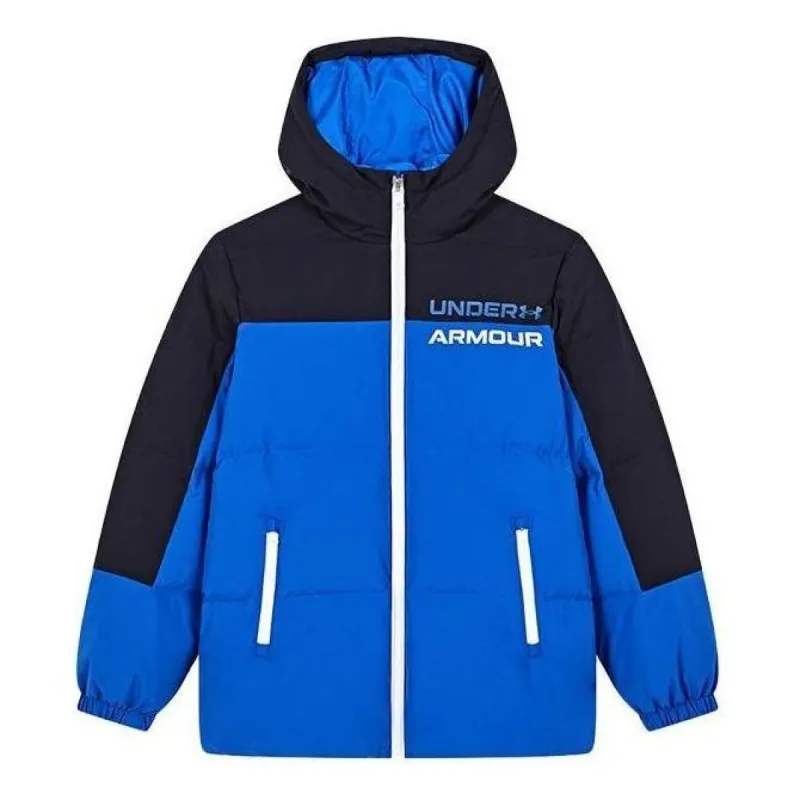 (GS) Under Armour Short Solid Color Hooded Down Jacket 'Blue Black' 234106056 sold by KicksCrew