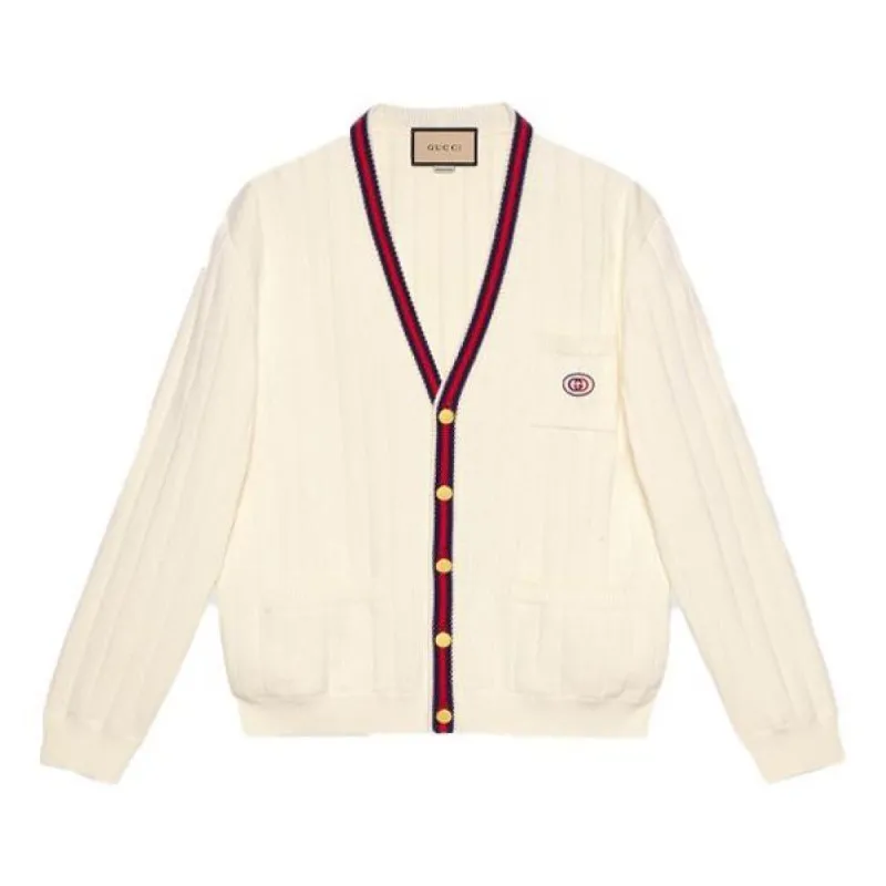 Gucci Knit Cotton V-Neck Cardigan With Web 'Ivory' 654984-XKBUR-9182 sold by KicksCrew