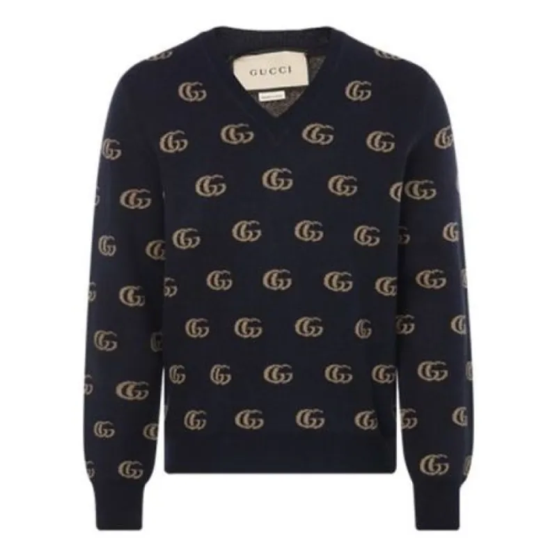 Gucci Double G Jacquard Wool V-Neck Sweater 'Navy' 645292-XKBPF-4804 sold by KicksCrew