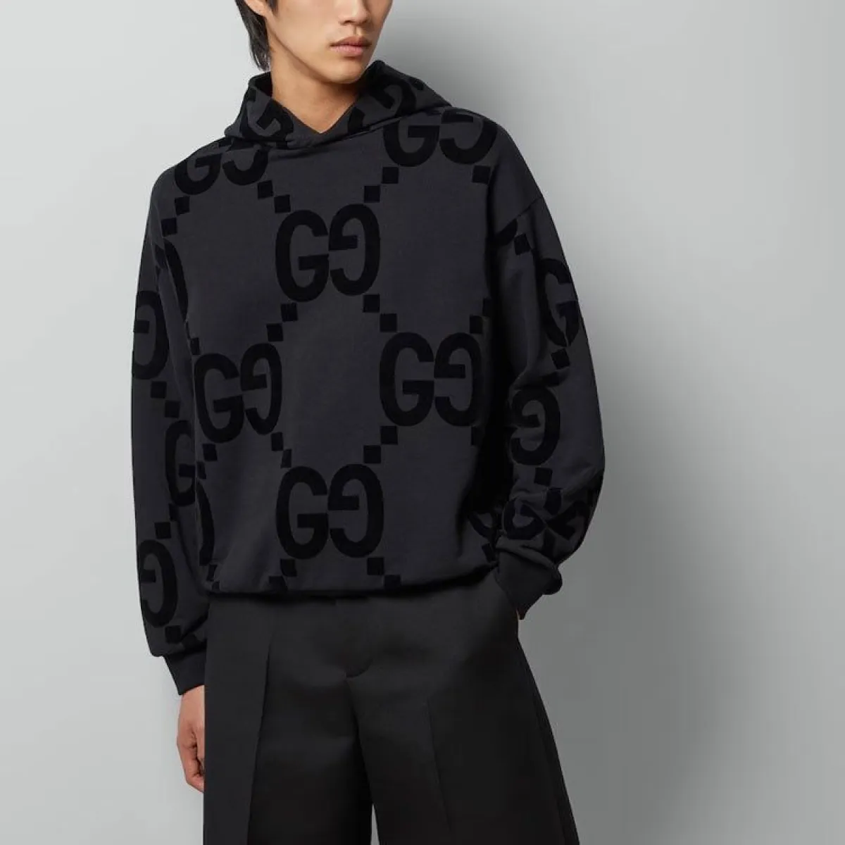 Gucci GG Flocked Print Cotton Fleece Sweatshirt 'Black' 768499