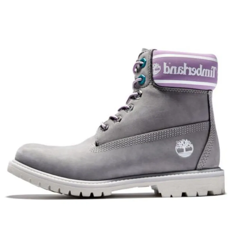 (WMNS) Timberland Premium 6 Inch Waterproof Boots 'Grey Nubuck with Purple Logo Collar' A41D6D52 sold by KicksCrew