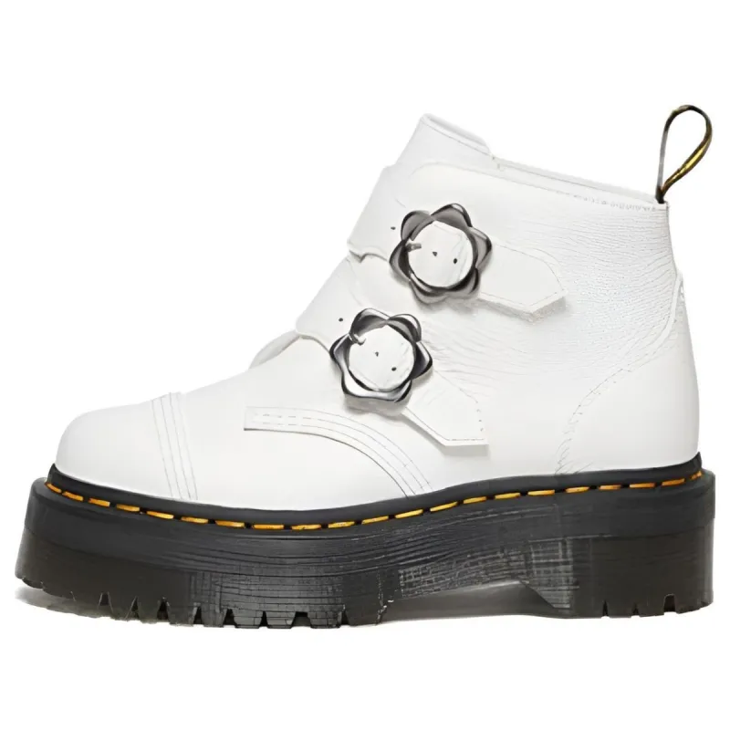 (WMNS) Dr.Martens Devon Flower Buckle Leather Platform Boots 'White Black' 27642100 sold by KicksCrew